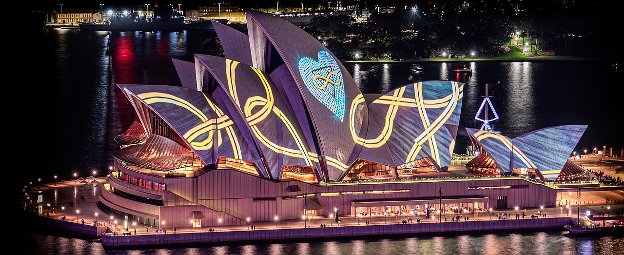 Sydney Opera House sails lit with Vivid projections, panoramic